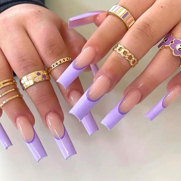 24 Purple Nails Press On Style Glossy Manicure Sexy Fade Long Square Reusable - Picture 1 of 5